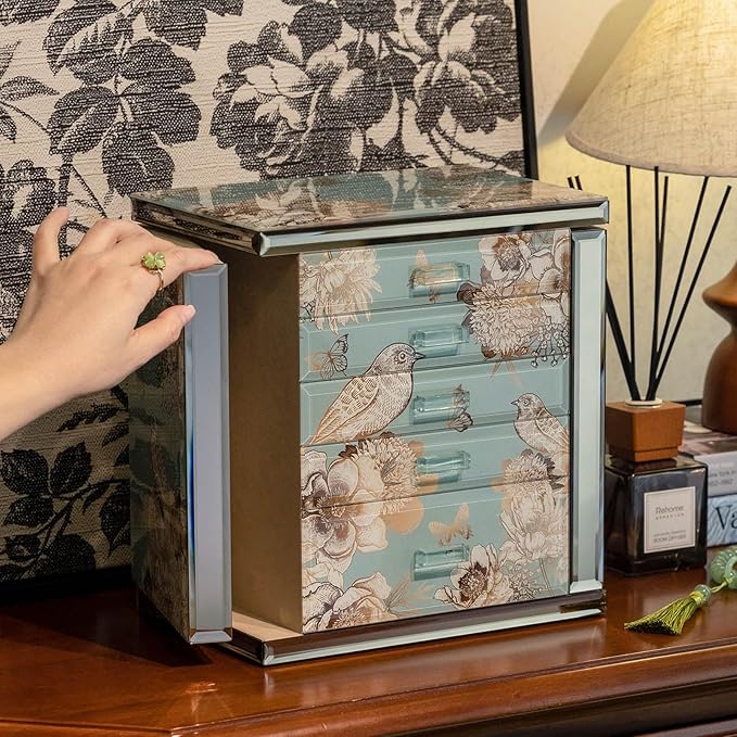 Glass Jewelry Box, 5-Layer Storage Case,Jewerly Boxes for Women Girls,Jewelry Gift Decorative Boxes, Art Painting Tabletop Ornament Organizer For Earring Necklace Watch Christmas Gifts