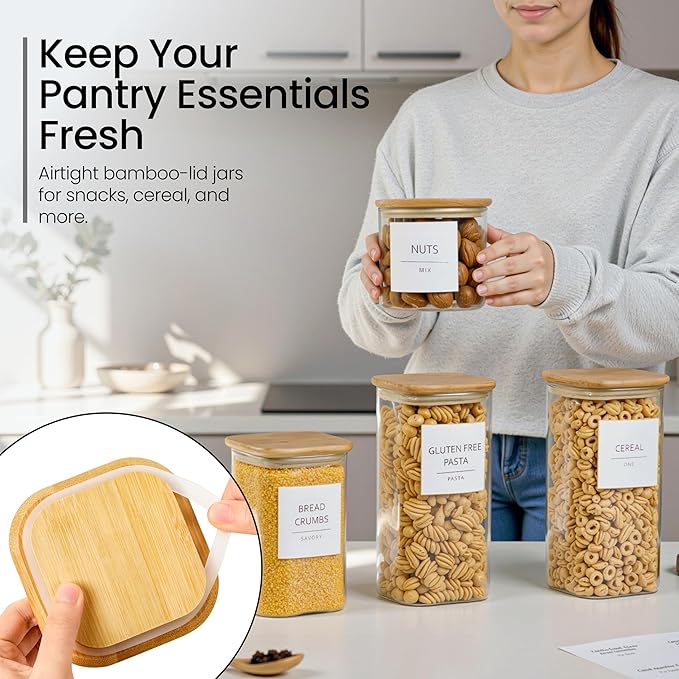 Talented Kitchen Square Glass Food Storage Containers - Airtight & Labeled Glass Kitchen Storage Containers - Space-Saving Stackable Square Pantry Jars - Pack of 6, 24/37/51 fl oz