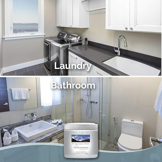 SMELLS BEGONE 15oz Gel Odor Eliminator - Absorb & Remove Tough Odors in Pet Areas, Bathrooms, Basements, Garage, Cars, RVs & Boats - Eliminate Odors Quickly (2-Pack, Fragrance Free)