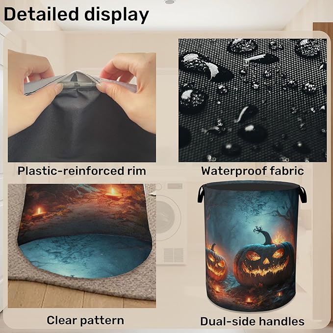 Pumpkin Halloween Laundry Basket - Heavy Duty 60L Dirty Clothes Organizer, Water Resistant Foldable Hamper for Men Women