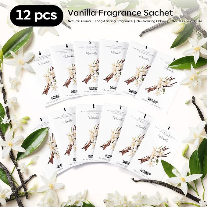 MYARO 12 Packs Vanilla Scented Sachets for Drawer and Closet, Long-Lasting Closet Sachet Bags Drawer Deodorizers Fresh Scents, Home Fragrance for Lover