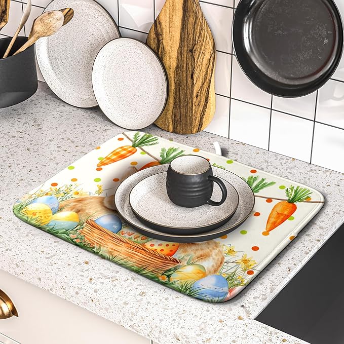 Giwawa Easter Bunny Dish Drying Mat Eggs Carrot Dishes Drainer Pad Absorbent Reversible Dish Rack Mat Protector for Kitchen Countertop 16x18 Inch