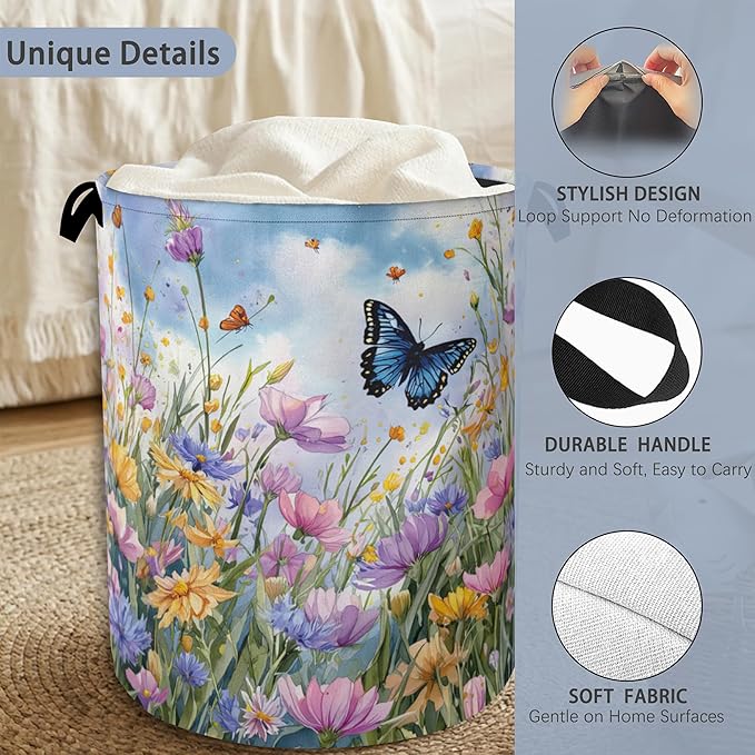 Wildflowers Butterfly Laundry Basket,Floral Garden Oxford Cloth Laundry Hamper with Handle Foldable Portable Clothes Storage Basket for Bathroom Bedroom Dorm Room 16" x 20.8"