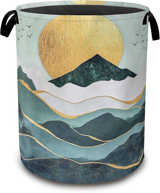 Green Mountains Collapsible Laundry Baskets,Golden Sunset Laundry Hamper,Storage Basket with Handles for Bathroom Bedroom College Dormitory Living Room Nursery Organizer 16"x20"
