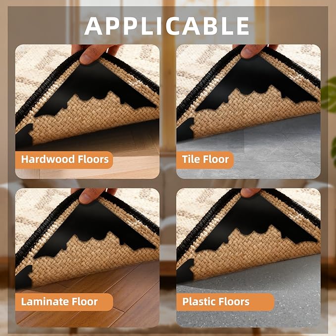 QUAFIPAAT 16 Pcs Rug Carpet Non Slip Grippers, No Damage Reusable Rug Tape for Hardwood Floors and Tiles, Keep Corners Flat, Double-Sided Adhesive Area Rugs