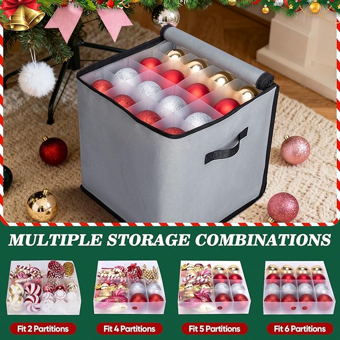 BALEINE Christmas Ornament Storage Box with Dividers, Premium Holiday Ornaments Storage Container Bin for Xmas Decorations (64 Ball, Red, Soft)