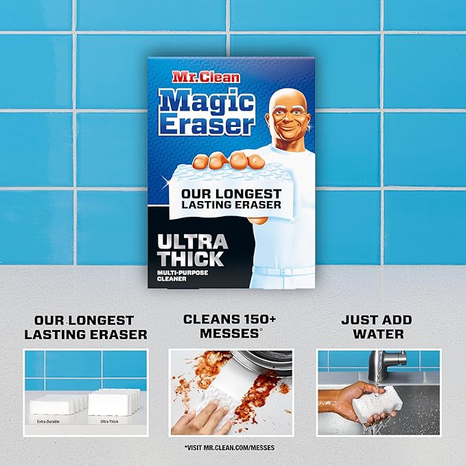 Mr. Clean Magic Eraser Sponge, All Purpose Cleaner, Long Lasting Cleaning Scrubber, Wall Cleaner, Sneaker Cleaner, Oven Cleaner, Kitchen, Bathroom, Shower Cleaning Supplies, Ultra Thick, 5ct
