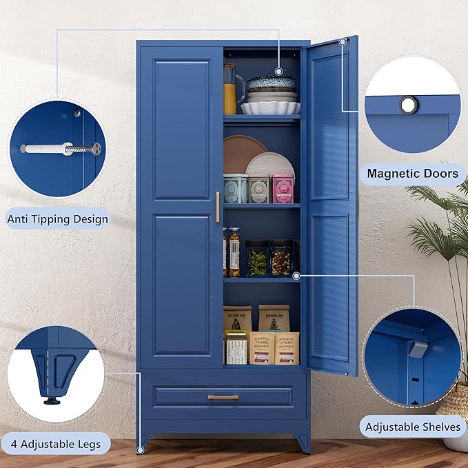 75” Kitchen Pantry Storage Cabinet,Metal Tall Storage Cabinet with Drawers and Adjustable Shelves,Modern Kitchen Hutch Cabinet,Freestanding Cupboard for Living Room,Blue