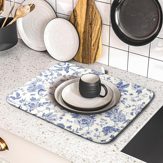 Giwawa Chinoiserie Flower Dish Drying Mat Blue Leaves Dishes Drying Pad Reusable Washable Kitchen Countertop Protector Dish Drainer Mat 16x18 Inch