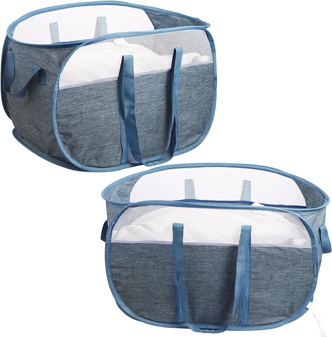 2 Pcs Collapsible Laundry Baskets, Tear Proof Pop Up Laundry Hamper with Dual Handles, Durable Foldable Laundry Basket, Easy to Carry Laundry Hamper for Home, Laundry Room, Bedroom, Dorm, Travel Blue