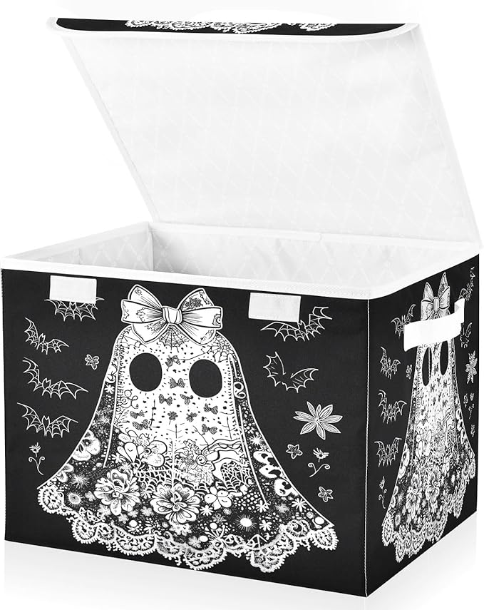 Bolaz Storage Bins with Lids and Handles,Cartoon Ghost Storage Box Basket with Cover Collapsible Organizer Containers for Home Closet, Shelves