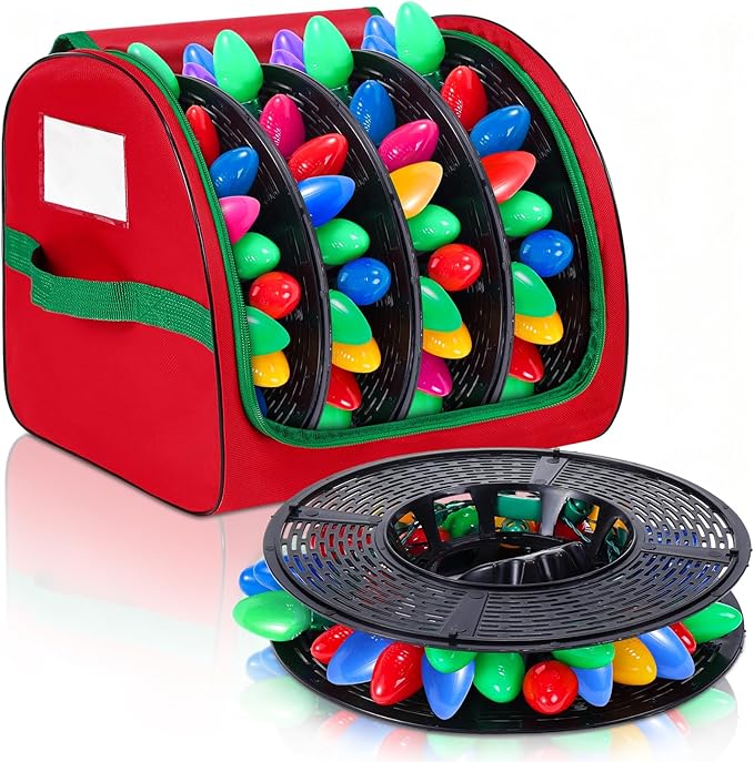 Christmas Light Storage Bag - Tear Proof 600D Oxford Fabric/Internal PVC Material with Reinforced Handles - With 4 Reels Stores up to 500 Ft Holiday Mini Christmas Tree Lights & Extension Cords,Red