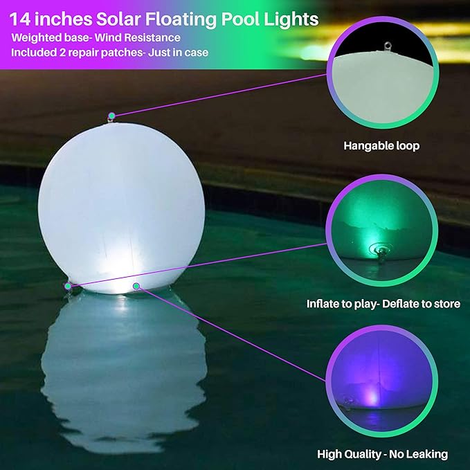 Solar Floating Pool Lights - Pack of 2 Solar Powered Color Changing 14-inch Balls - Float or Hang in Pool Garden Backyard Pond Party Decorations - Inflatable Wateproof
