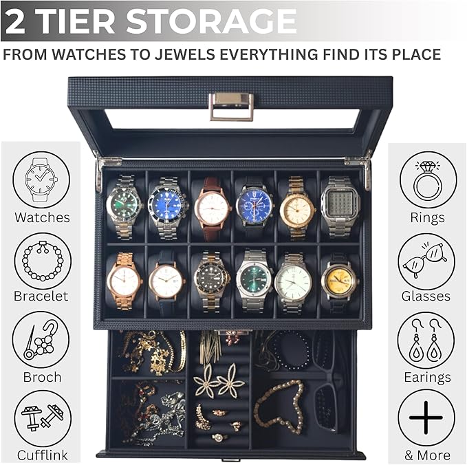 12-Slot Watch Box in PU Leather with Valet Drawer, 2-Tier Luxury Watch Case Display Organizer for Men Women, Sunglass Holder & Mens Jewelry Box With Glass Top, Ideal Gift for Watch Storage (Carbon)