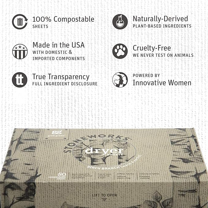 Grab Green Stoneworks Cruelty-Free Dryer Sheets | Softens Fabrics, Freshens Clothing & Reduces Static-Cling and Wrinkles | Plant Based | Birch Branch Scent (160 Sheets)