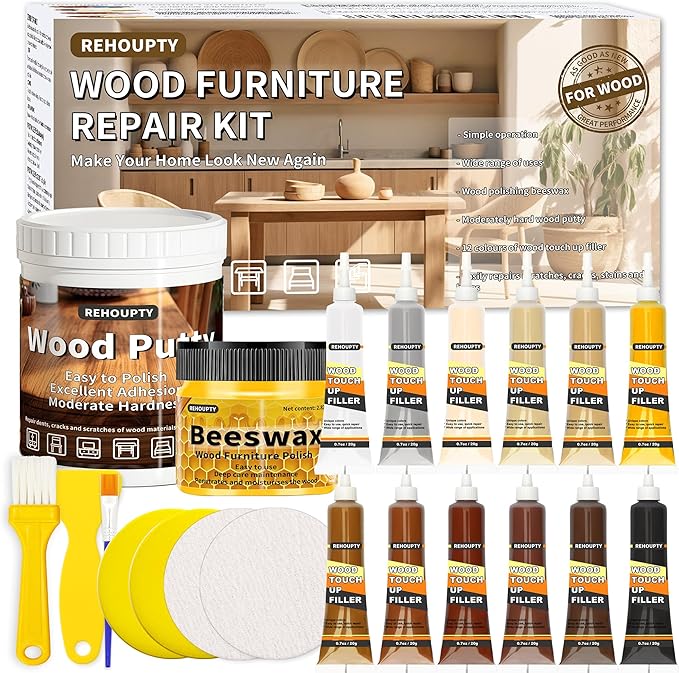 REHOUPTY Wood Furniture Repair Kit, All-in-One Large Capacity Floor Repair Kit Include Wood Putty & 12 Colors Wood Touch Up Filler and Beeswax, Vinyl Floor Repair Kit for Scratch, Cracks, Stain, Holes