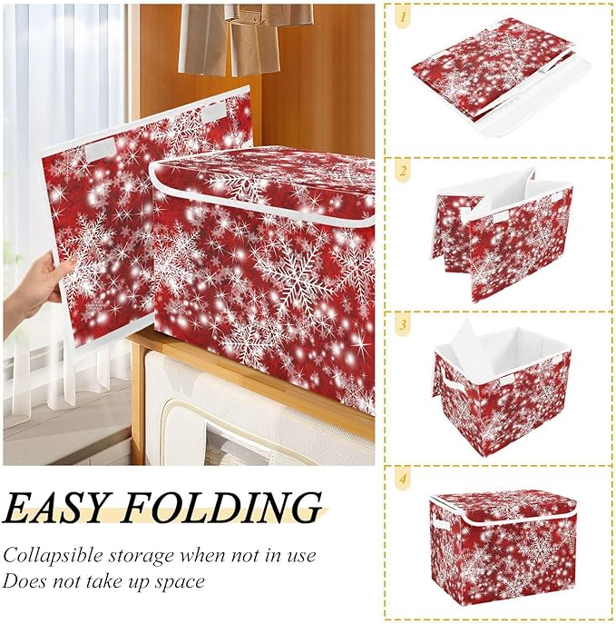 Christmas Baskets Collapsible Storage Bins with Lids, Christmas Background with Snowflakes Red Storage Boxes Clothes Baskets for Organizing