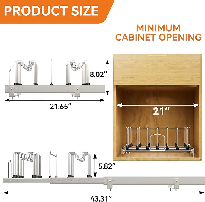 Pull Out Pots and Pans Organizer Under Cabinet, Sliding Adjustable Pot Rack with 15 Adjustable Dividers, Chrome-Plated Pot and Pan Holder Rack, Full-Extension Rail for Kitchen Organization 20" W*22" D