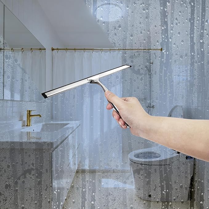 BGGo 10-Inch Shower Squeegee with Hanger, All-Purpose Stainless Steel and TPR Rubber for Streak-Free Cleaning on Glass Shower Doors, Mirrors, Windows, Tile and Car Glass