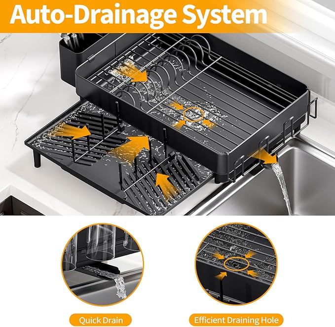 Urackify Dish Rack for Kitchen Counter, 304 Stainless Steel Dish Drying Rack, Expandable Dish Drainer, Foldable Kitchen Storage Organizer with Cutlery Holder, Plate Rack, Black