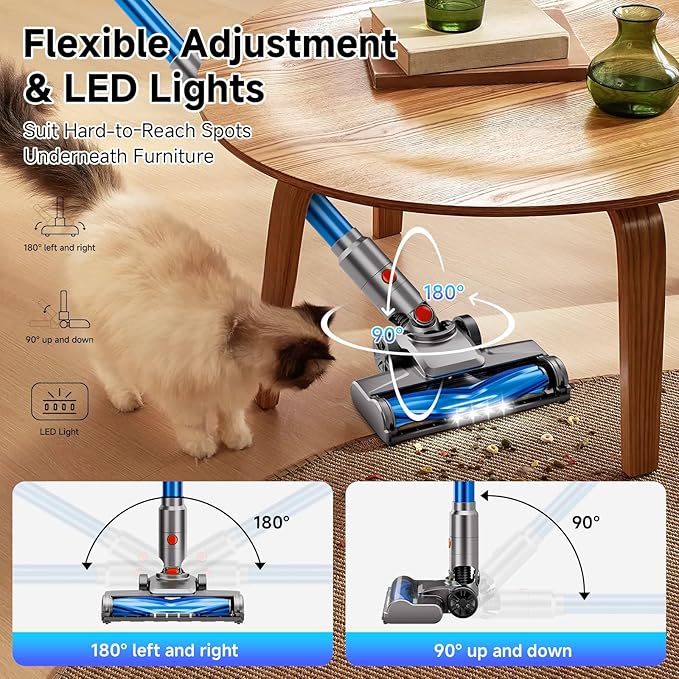 fenhua Cordless Vacuum Cleaner, Powerful Stick Vacuum Cleaner for Home with Rechargeable Battery, 6-in-1 Lightweight Handheld Vacuum, 45 Mins Runtime for Hardfloor & Carpets Pet Hair (Blue)
