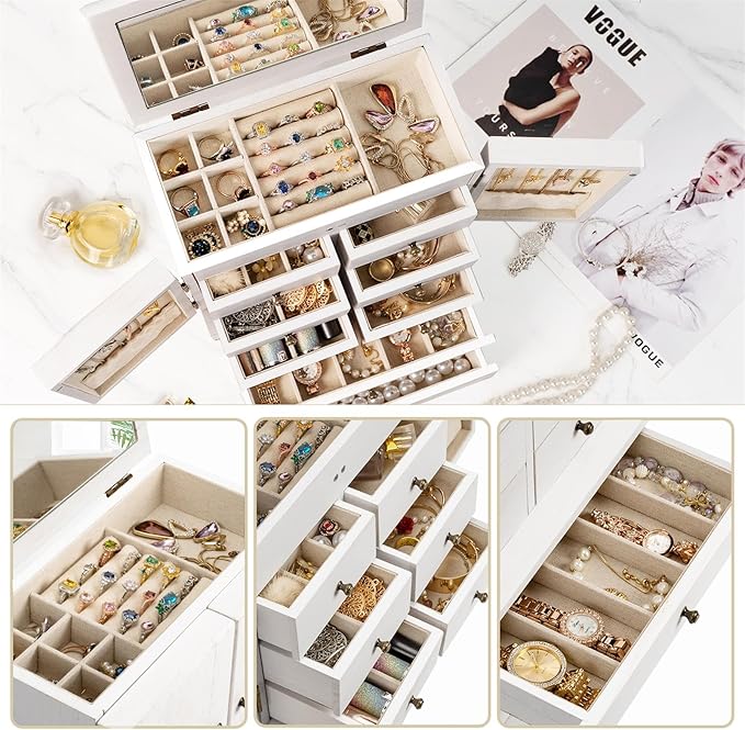 Emfogo Jewelry Box for Women Wooden Jewelry Boxes & Organizers 5-Layer Rustic Large Jewelry Organizer Box with Mirror & 8 Drawers for Rings Earrings Necklaces Bracelets Women Girls Gifts