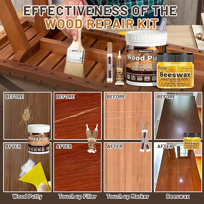 REHOUPTY Wood Furniture Repair Kit, All-in-One Laminate Floor Repair Kit - Wood Putty, 12 Colors Wood Filler & 8 Colors Furniture Markers and Beeswax, Wood Repair for Scratch Cracks Hole Discoloration