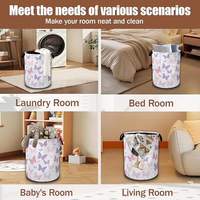 Butterfly Laundry Basket,Waterproof Foldable Pink Purple Butterflies Laundry Hamper,Dirty Clothes Basket, Linen Bin Storage Organizer Collection 16" x 20.8"
