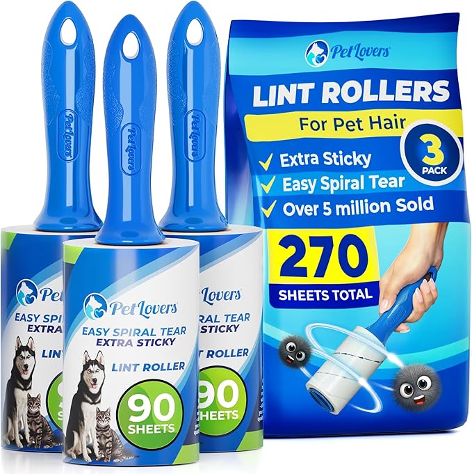 PetLovers Extra Sticky Lint Roller Value Set 270 Sheets for Pet Hair Removal and Clothes, Dog and Cat Lint Remover, 3 Pack