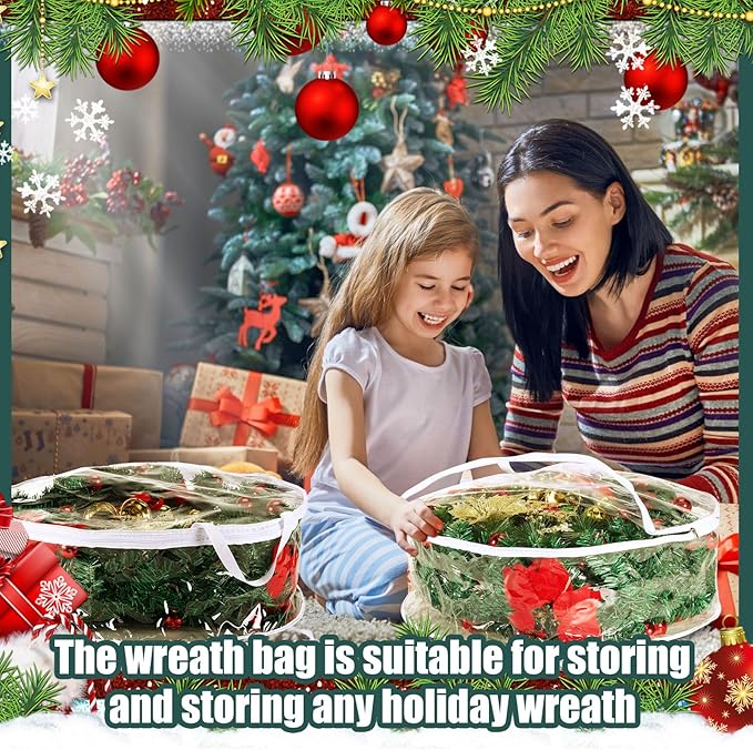 Zhengmy 15 Pcs 30 Inch Christmas Wreath Storage Bags Transparent Wreath Storage Container Bulk Wreaths Box with Dual Zippers and Handles for Xmas Holiday Wreaths Garland