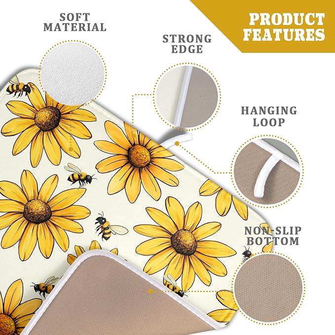 ABSOP Spring Summer Sunflower Bee Dish Drying Mat of Kitchen Counter 18×24 Inch Floral Drainer Pad Flower Dish Rack Pad Drainer Mat Washable Absorbent Reversible Microfiber for Coffee Bar