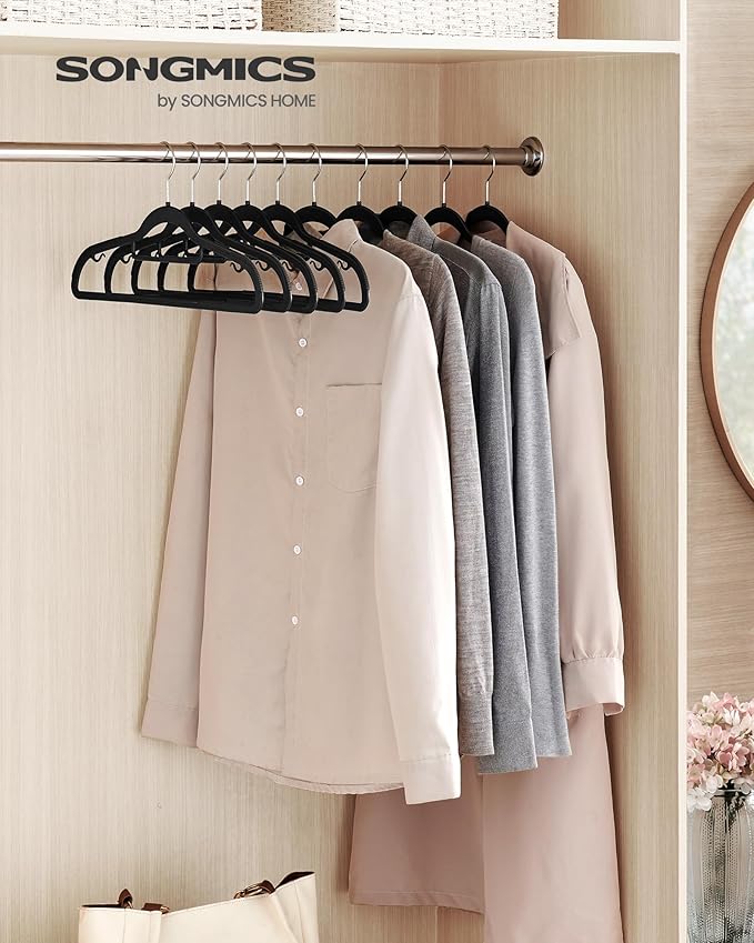 SONGMICS Pack of 30 Coat Hangers, Space-Saving Plastic Clothes Hangers, Non-Slip, 0.2 Inches Slim, 16.5 Inches Wide, 360° Swivel Silver Hook, Black UCRP20BK30