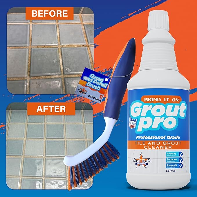 Bring It On Grout Cleaner Pro with Stiff Cleaning Brushes – 32Fl Oz x 2 Grout Pro for Shower Tile Includes Heavy-Duty Grout and Tile Cleaner Brushes – Effectively Removes Mineral Deposits