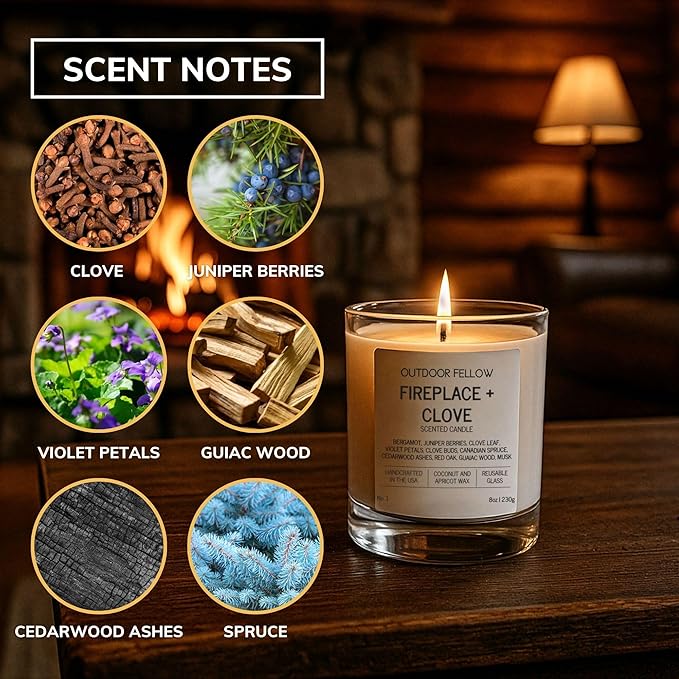 Outdoor Fellow Fireplace and Clove Scented Candle, 8oz, Coconut & Apricot Wax Blend, Bergamot, Clove Buds, Cedarwood, Reusable Glass, 40-50 Hour Burn Time