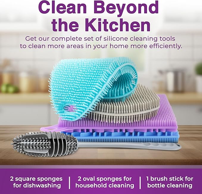 Silicone Dish Scrubber Sponges (5-Pack) - Dual-Sided Silicone Scrubbers and 1 Bottle Stick Brush - Food Grade Kitchen Scrubbers for Dishes - BPA-Free Sponges
