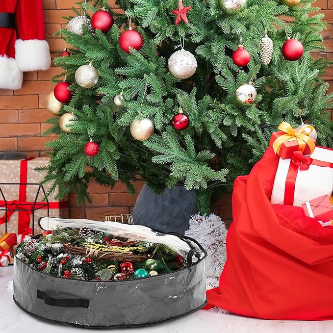 Aliceset 4 Pack Wreath Storage Containers, Christmas Ornament Garland Wreath Storage Bags with Handle Dual Zipper Large Decorative Storages Box for Winter Wreaths(30 x 30 x 7.8 Inch,Gray)