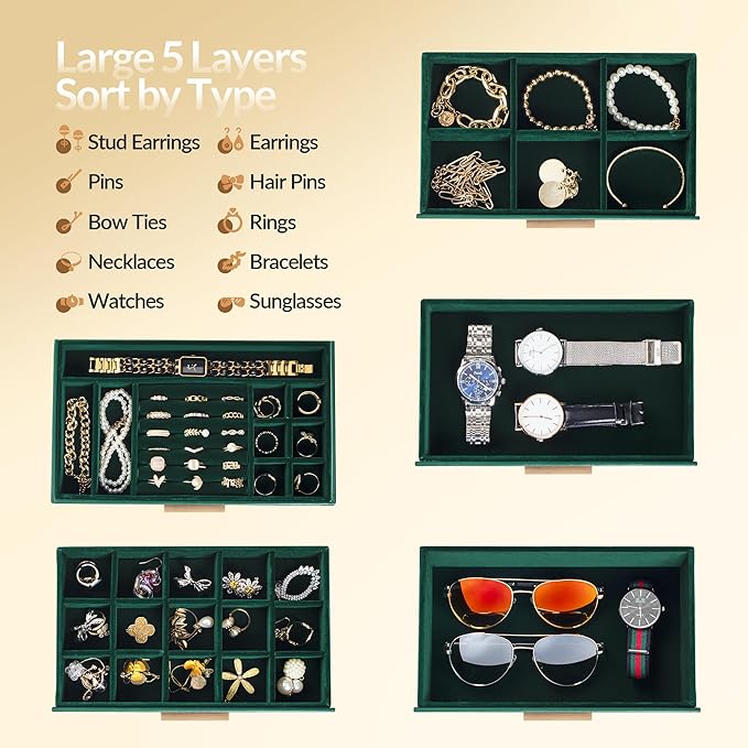 Jewelry Box, 5 Layers Jewelry Storage Display Box with Glass Lid for Women, 4 Drawers,Large Capacity for Necklace Earrings Bracelets Rings, Green