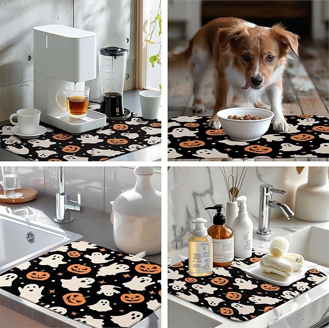 Wnoesat Halloween Dish Drying Mat for Kitchen Counter Pumpkin Spooky Ghosts Fall Dish Mat Absorbent Microfiber Reversible Dish Draining Mat Extra Large Dishes Pad 18 X 24 Inch