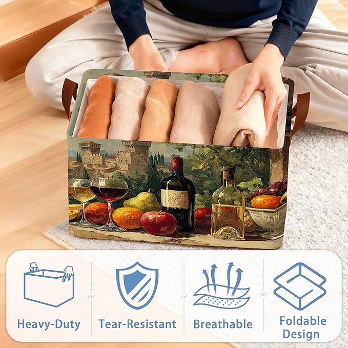 Vintage Red Wine Storage Baskets,Butterfly Plants Foldable Large Capacity Organizer Bins with Waterproof Lining and Leather Handles for Closet,Shelf,Bedroom 17x11.5x10Inch