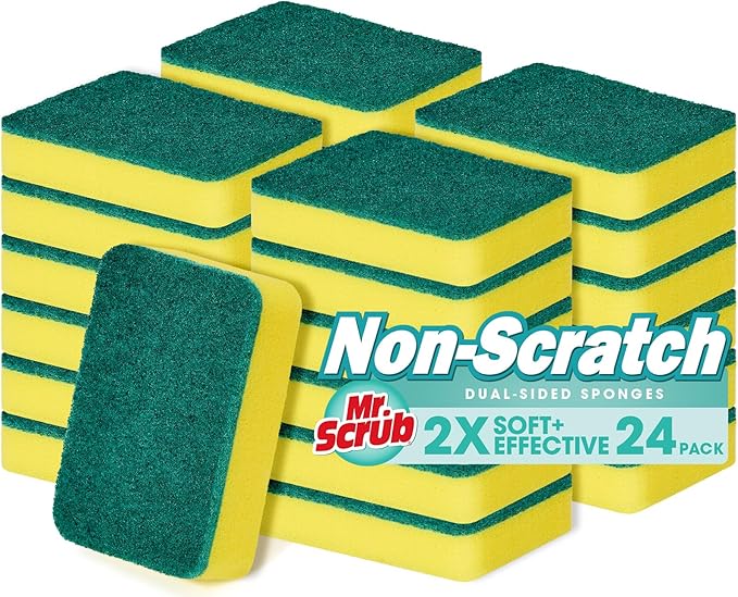 Mr. Scrub Sponges Kitchen Scrub Dish Sponge Scouring Pad, 24 Pack Cleaning Brush Scrubber Supplies for Soap, Dishwashing Dinnerware Sets Pan Pot Towels Cloth Rags Holder Glass Dishwasher Sink Bathroom