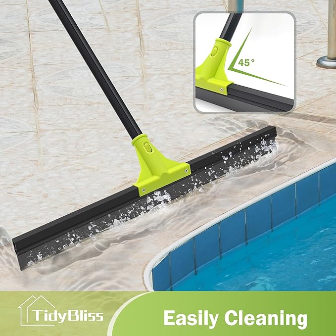 TidyBliss Floor Squeegee Heavy Duty, 24” Rubber Foam Water Scraper Broom, Epoxy Wiper Mop with 62 inches Long Handle for Cleaning Concrete Pool Rug Garage Deck Shower Window Outdoor Indoor (Green)