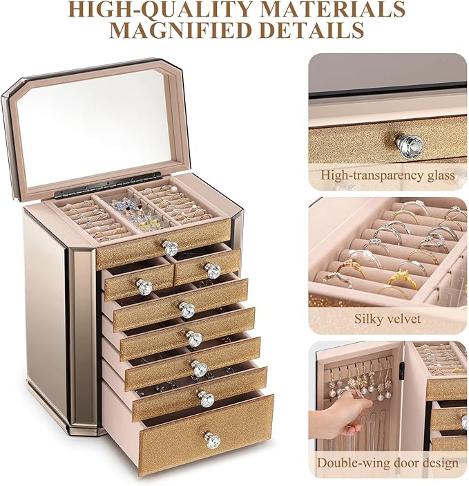 Large High End Glass Jewelry Box - 7 Layer Jewelry Organizer with Mirror, 2-Sided Doors, Velvet-Lined Storage for Rings, Necklaces, Earrings, Bracelets - Valentine's Day Gift for Women