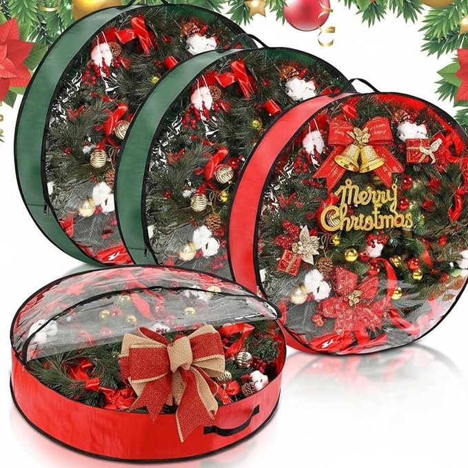 Aliceset 4 Pack Wreath Storage Containers, Christmas Ornament Garland Wreath Storage Bags with Handle Dual Zipper Large Decorative Storages Box for Winter Wreaths(36 x 36 x 7.8 Inch,Red, Green)