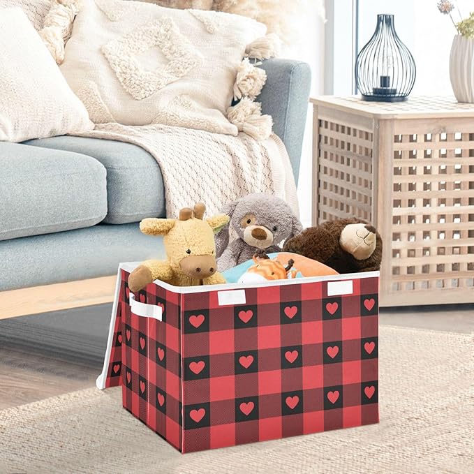 senya Valentines Storage Baskets Collapsible Storage Bins with Lids, Red Buffalo Check Gingham Love Heart Storage Boxes Clothes Baskets for Organizing