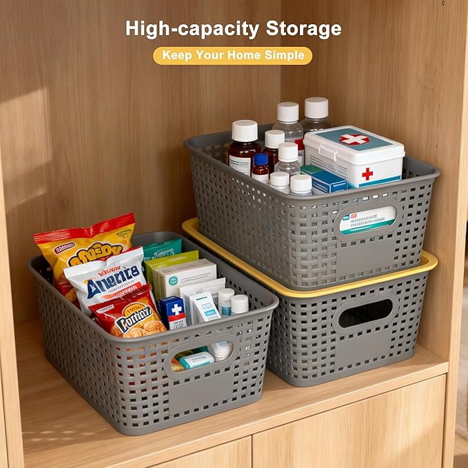 AREYZIN Plastic Storage Bins with Lids, 6-Pack Stackable Pantry Organizers and Storage Containers for Shelves, Closet Organization, Drawer Organizer Bins,Gray & yellow lids