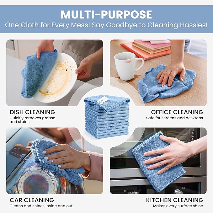 Microfiber Cleaning Cloth, 12 Pack Blue Cleaning Rags for Housekeeping, Reusable Microfiber Towels for Car, Kitchen, Bathroom and Household Cleaning Supplies, 11.8"X11.8"