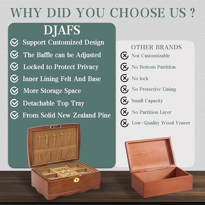 Personalized Wooden Jewelry Box, Customized Double Layer Retro Jewelry Organizer with Lock and Key for Women Girls, Birthday Gift for Her, Artners, Elders, Mom, Friends, Girlfriends and Bridesmaids