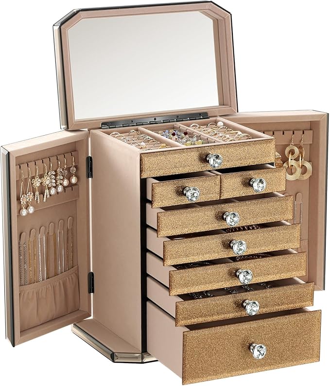 Large High End Glass Jewelry Box - 7 Layer Jewelry Organizer with Mirror, 2-Sided Doors, Velvet-Lined Storage for Rings, Necklaces, Earrings, Bracelets - Valentine's Day Gift for Women