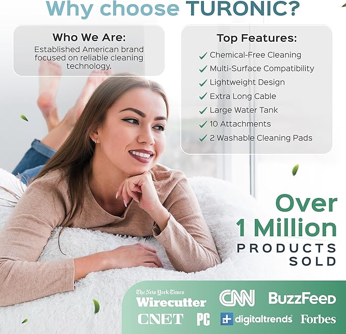 Turonic ST3 10-in-1 Steam Mop - 1500W Floor Steamer with Detachable Handle, 110°C Steam, 25-Min Runtime, Handheld Cleaner for Tile, Grout, Hardwood, Carpet, Upholstery, Chemical-Free Cleaning