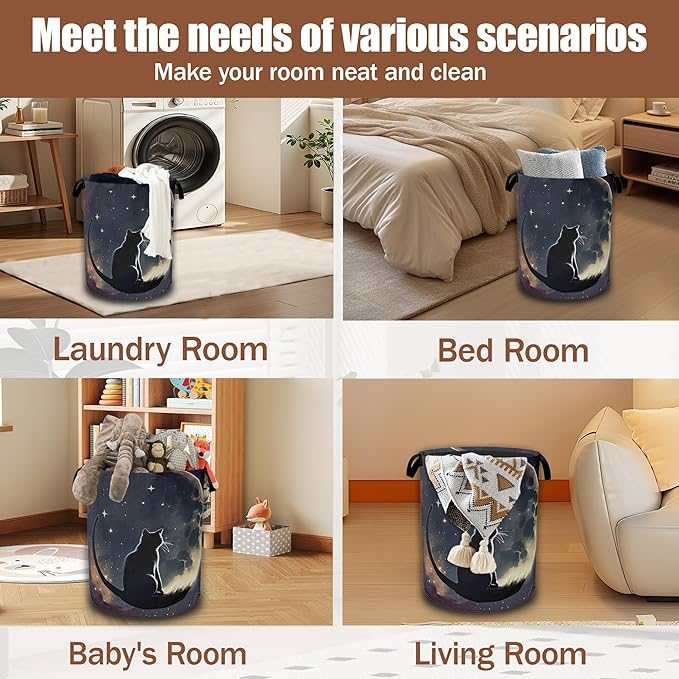 Black Cat Laundry Hamper,Moon Night Collapsible Laundry Baskets Waterproof Oxford Cloth With Handles,Clothes Storage Bucket Toy Organizer For Bathroom/Nursery/Bedroom 16" x 20.8"